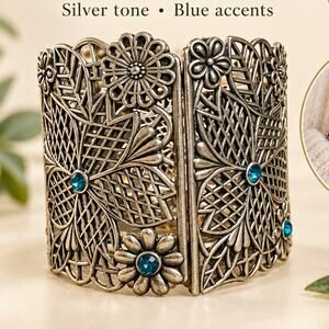 Floral Silver Tone Cuff Bracelet Blue Accents Round Stones 5 Gem Flower